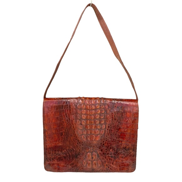 Handbags - Vintage Crocodile Leather Hornback Full Flap Brown Y2K Shoulder Handle Bag Women